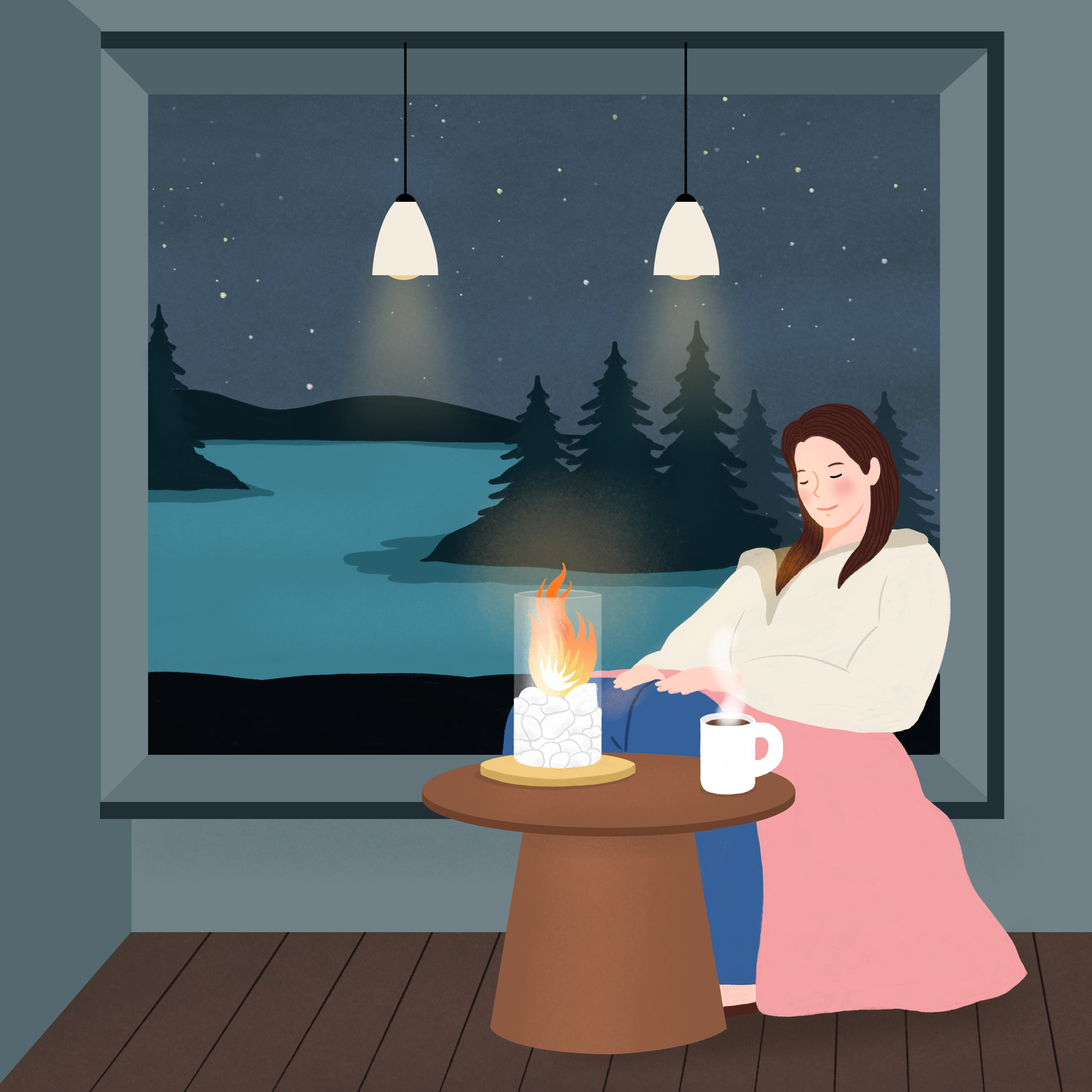 별이 반짝이는 밤 호수가 바라다 보이는 창이 있는 거실에서 에탄올 난로를 켜고 커피를 마시며 불멍을 즐기는 여성 -자이브랜드매거진-비욘드아파트먼트-러스틱라이프-라이프스타일트렌드