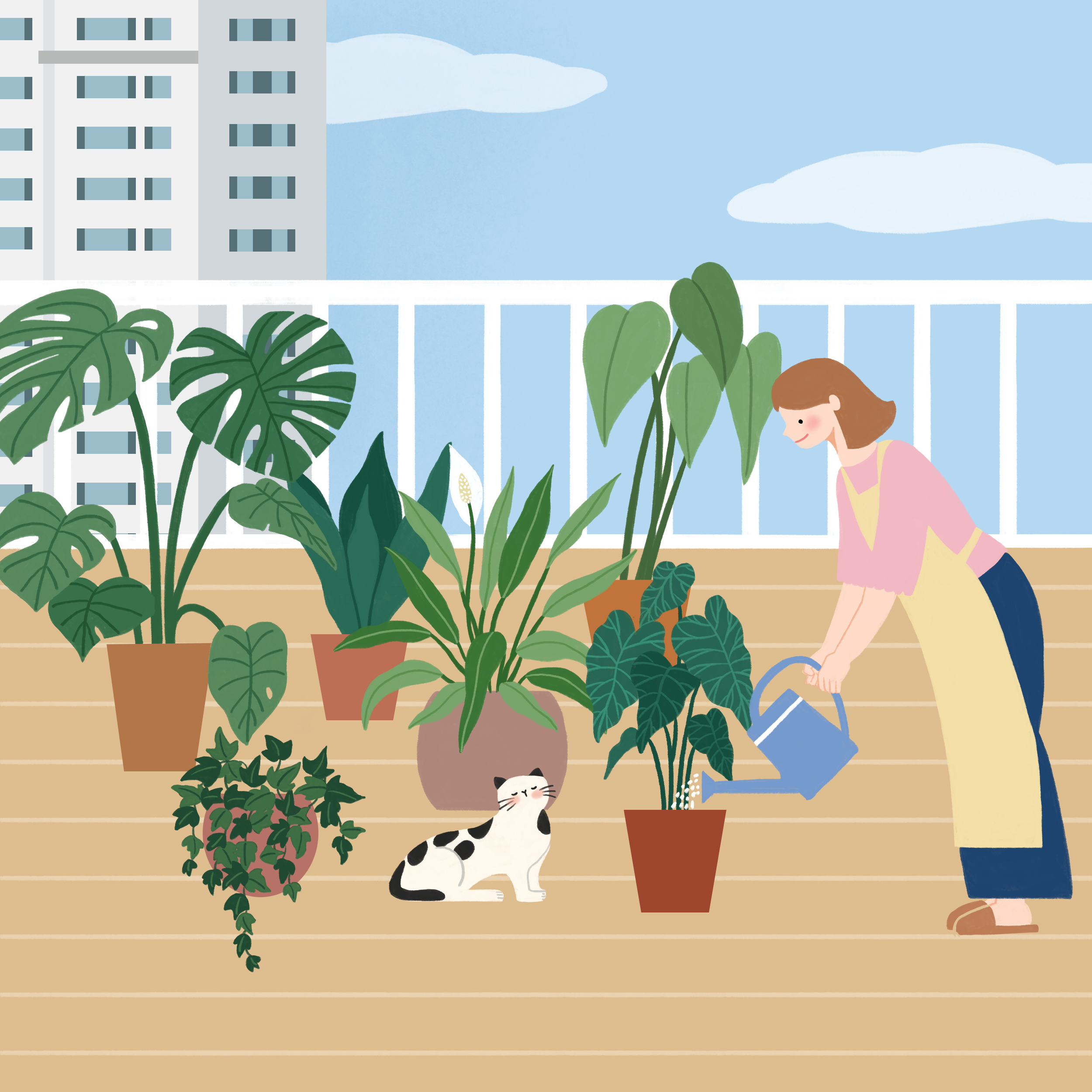 자이매거진-비욘드아파트먼트-플랜테리어-아파트 발코니에 놓인 식물 화분들에 물을 주는 여성과 그 근처에서 나른하게 눈을 감고 있는 고양이