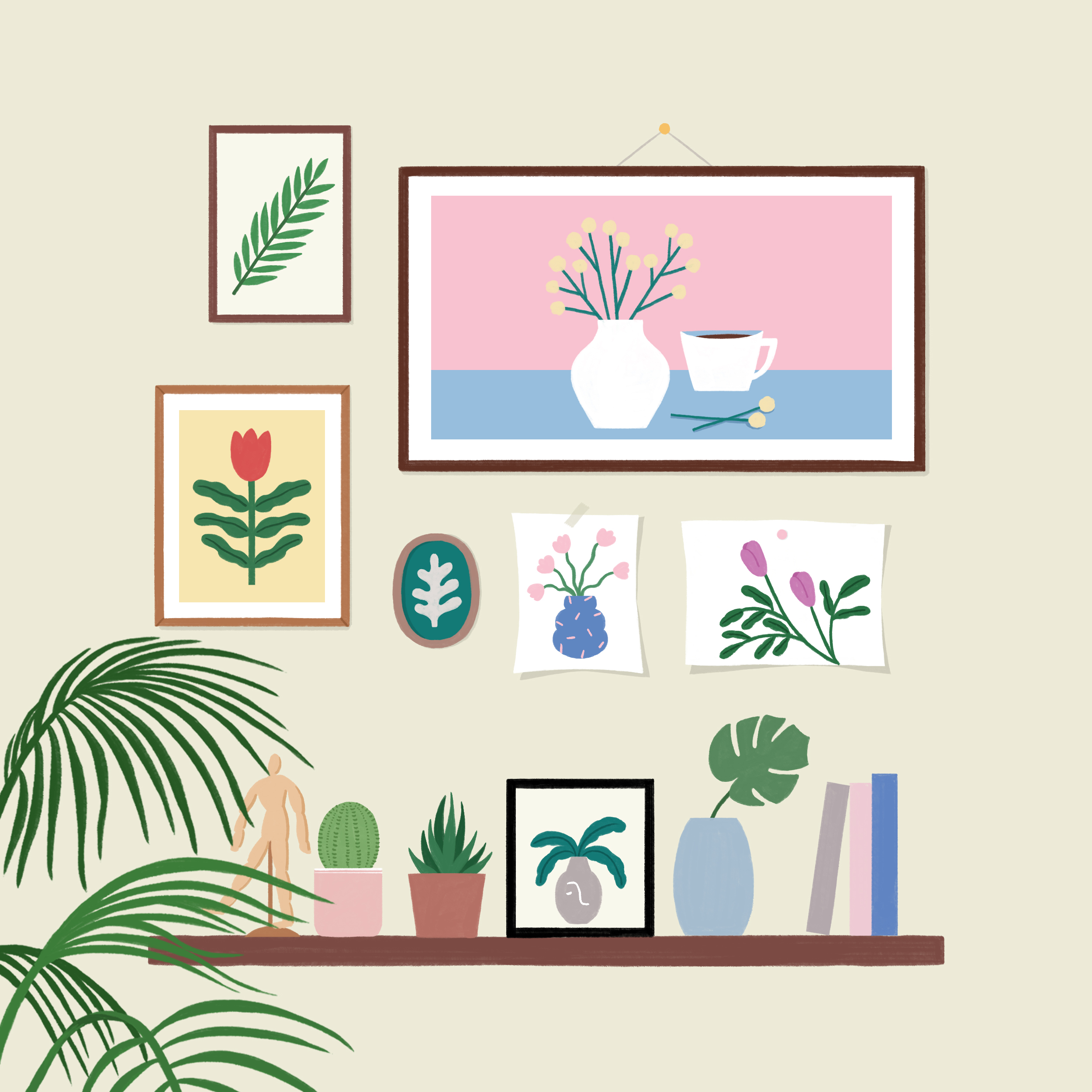 자이매거진-비욘드아파트먼트-플랜테리어-벽에 걸려있는 식물 그림들과 식물 그림 엽서들 그리고 선반에 놓인 조화 화분